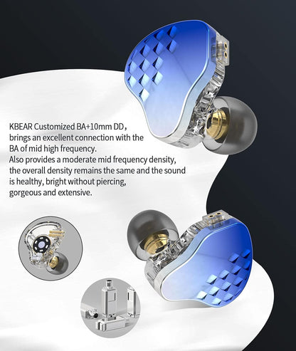 KBEAR Robin in Ear Monitors, Stereo Wired Earphones, Powerful Resolution 1DD+4BA Hybrid Hifi Earphone Earbuds, Noise Isolating In-Ear Earphones with Detachable Cable 0.78Mm 2Pin (No Mic, Blue)……