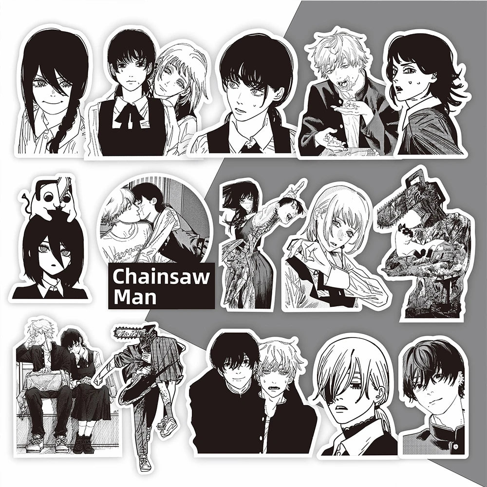 Black and White Chainsaw Man Anime Stickers - Set of 10/30/75 Waterproof Decals for Skateboards, Laptops, and Phones