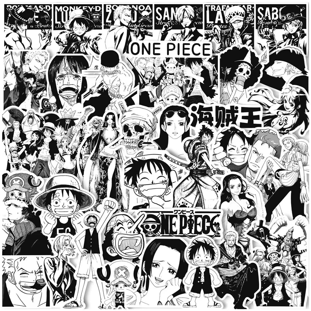Anime ONE PIECE Sticker Set - 10/30/65 Pieces - Waterproof Black and White Stickers for Kids, DIY Projects, Graffiti, Motorcycles, Skateboards, and Laptops