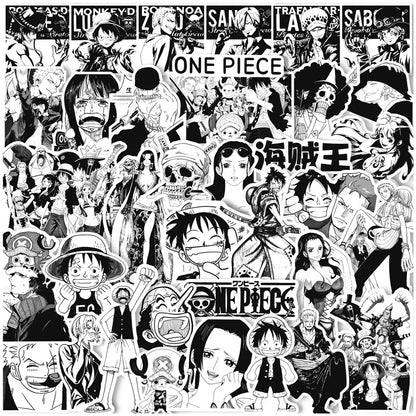 Anime ONE PIECE Sticker Set - 10/30/65 Pieces - Waterproof Black and White Stickers for Kids, DIY Projects, Graffiti, Motorcycles, Skateboards, and Laptops