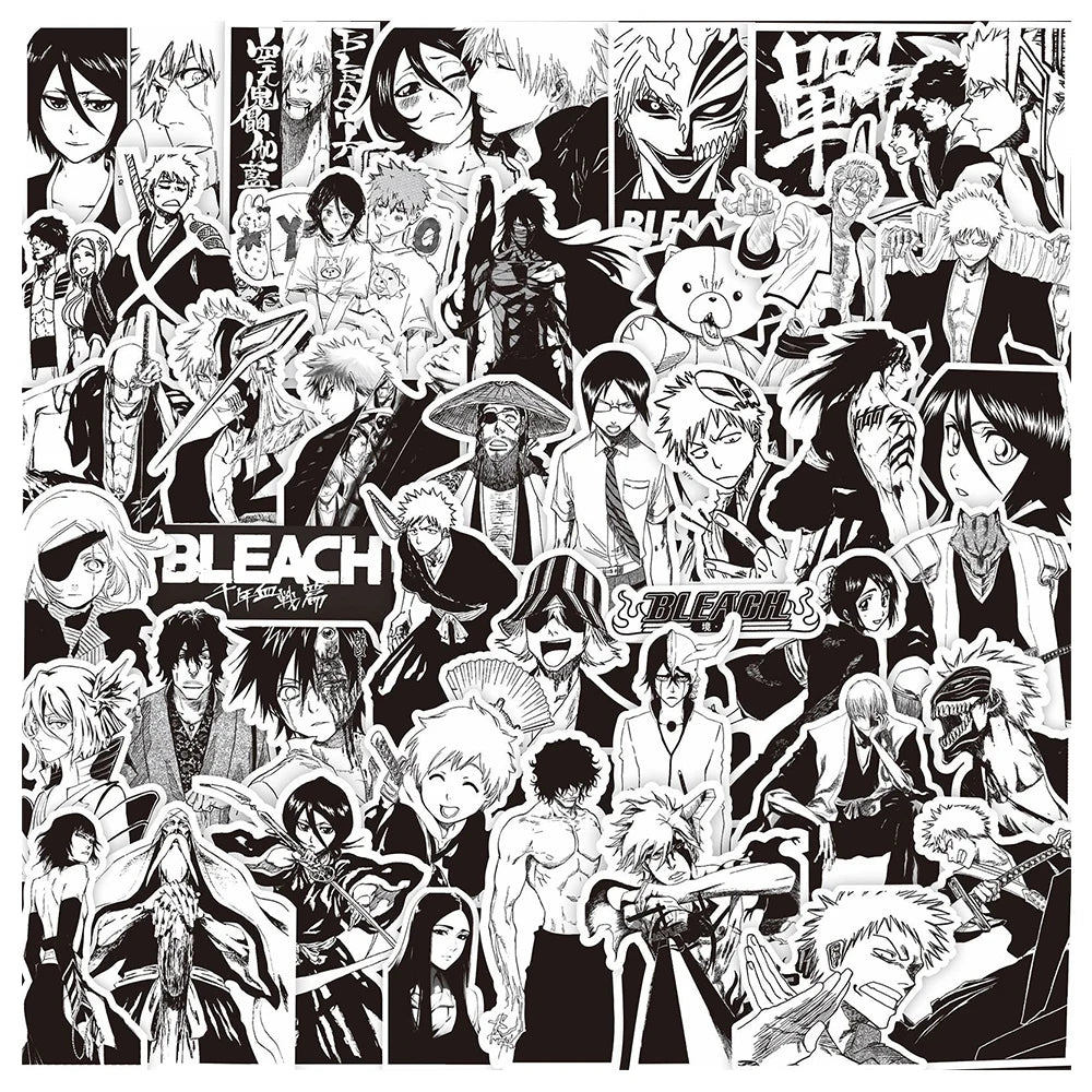 Black and White Anime BLEACH Sticker Set - 10/30/75 Pieces for Kids, Ideal for Skateboards, Phone Cases, Laptops, and DIY Projects