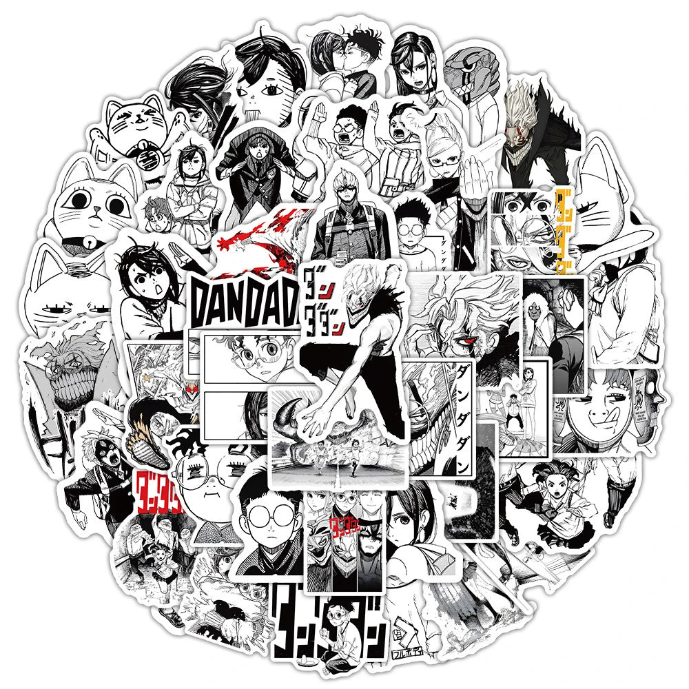 Black and White Manga Dandadan Anime Stickers - Waterproof Decals for Laptops, Travel Luggage, Skateboards, Cars, and Phones (10/30/50 Pieces)