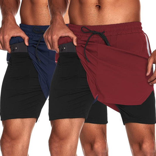 Men's 2-Pack Athletic Gym Shorts with Built-In Liner and Zipper Pockets