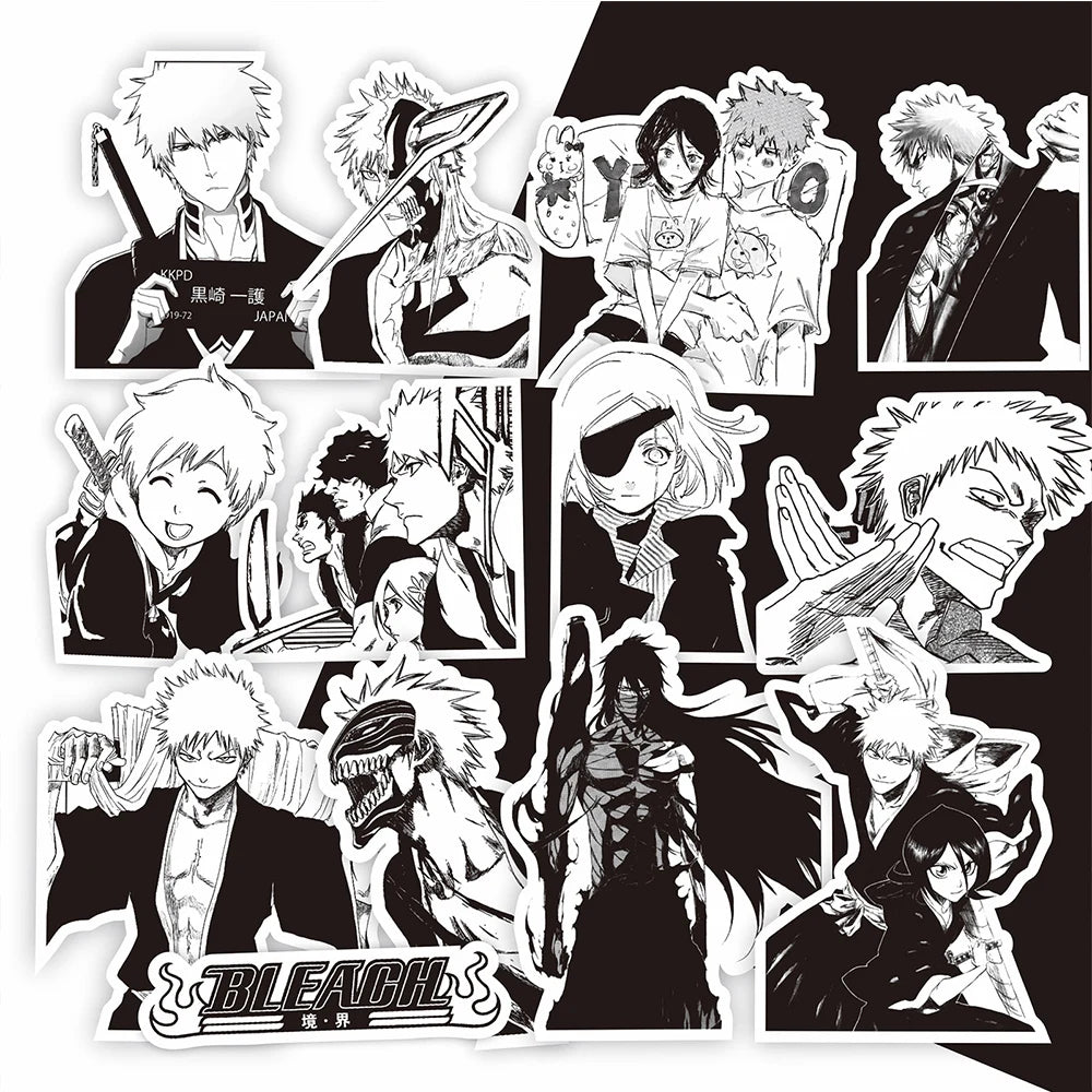 Black and White Anime BLEACH Sticker Set - 10/30/75 Pieces for Kids, Ideal for Skateboards, Phone Cases, Laptops, and DIY Projects