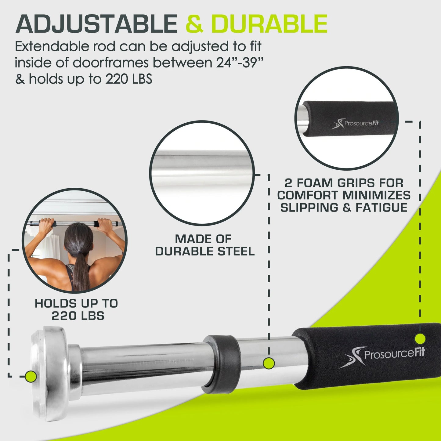 Heavy Duty Doorway Mount Pull Up/Chin-Up Bar, Adjustable with Foam Grips for Home Workouts