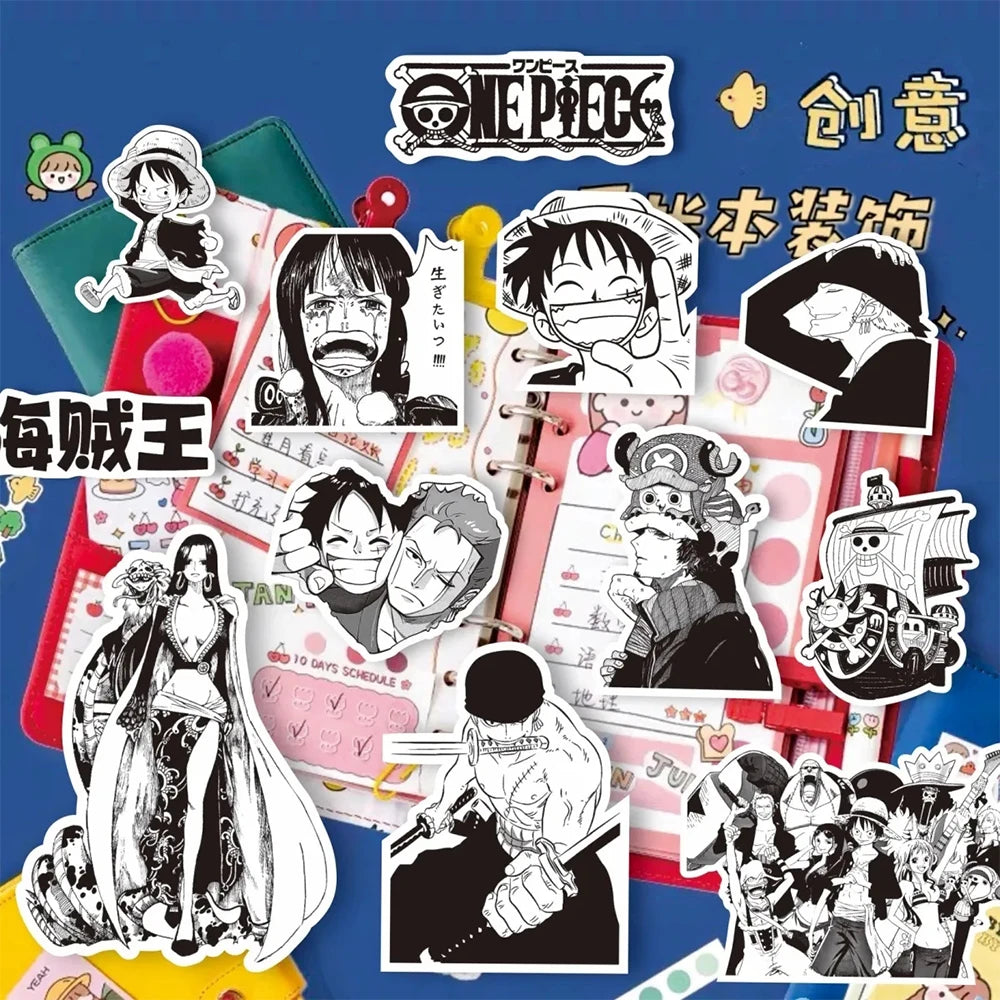 Anime ONE PIECE Sticker Set - 10/30/65 Pieces - Waterproof Black and White Stickers for Kids, DIY Projects, Graffiti, Motorcycles, Skateboards, and Laptops