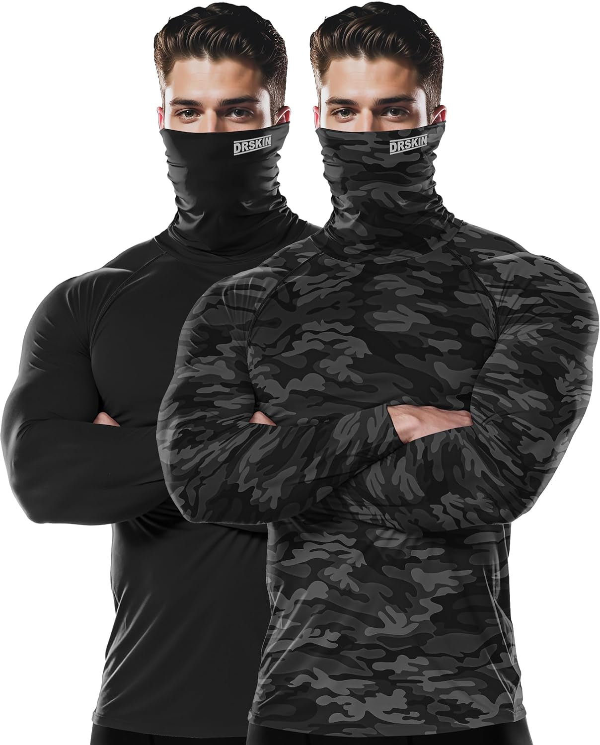 Men's Turtleneck Compression Long Sleeve Sports Baselayer - Available in 1 or 2 Pack for Running and Athletic Workouts