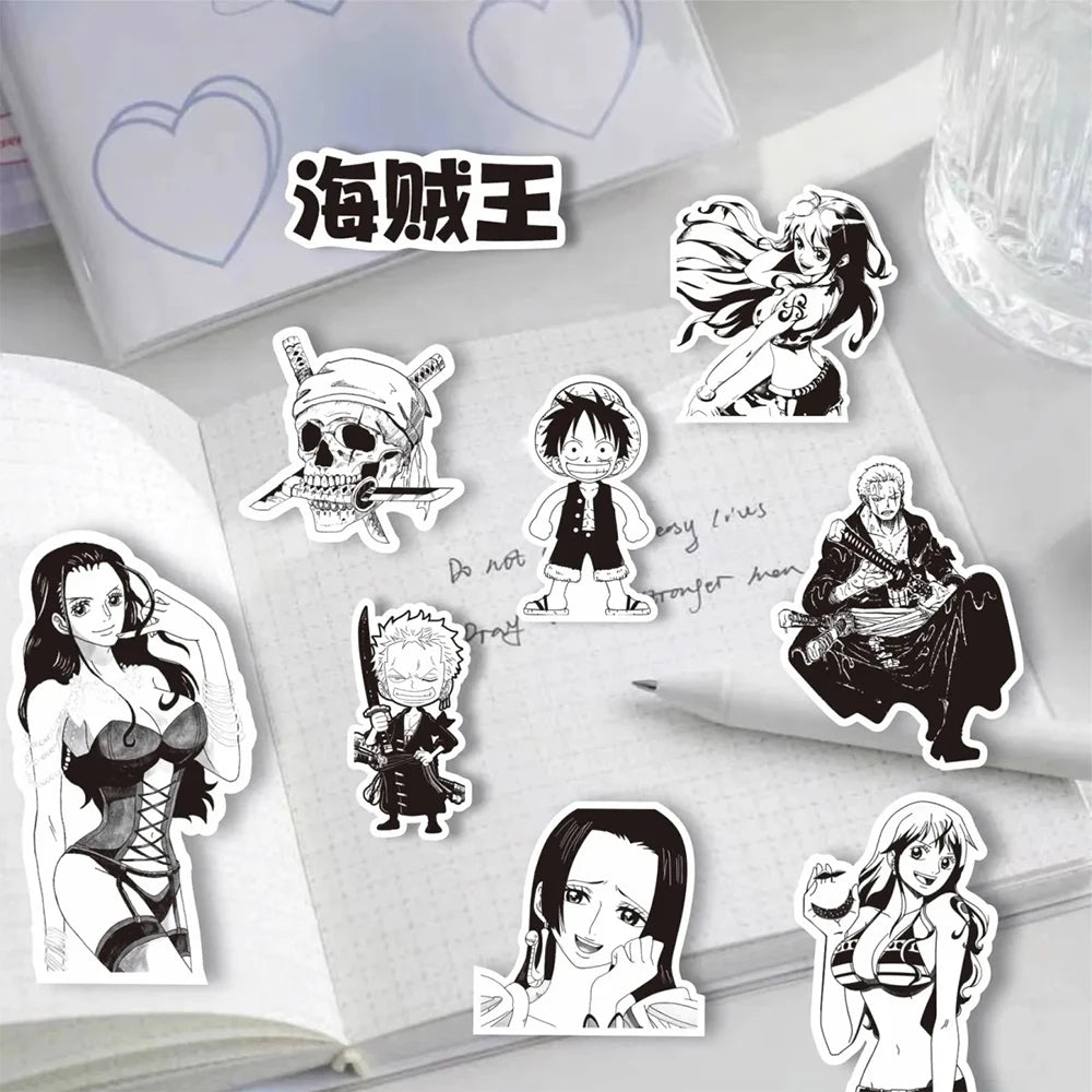 Anime ONE PIECE Sticker Set - 10/30/65 Pieces - Waterproof Black and White Stickers for Kids, DIY Projects, Graffiti, Motorcycles, Skateboards, and Laptops