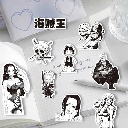 Anime ONE PIECE Sticker Set - 10/30/65 Pieces - Waterproof Black and White Stickers for Kids, DIY Projects, Graffiti, Motorcycles, Skateboards, and Laptops