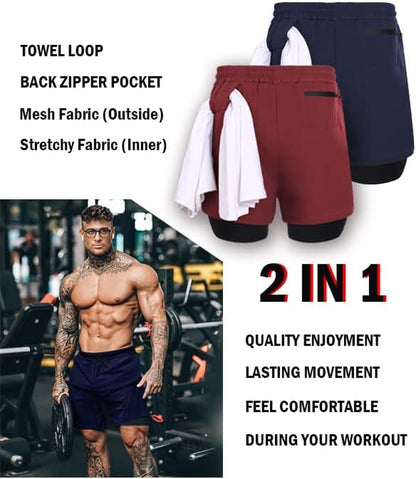 Men's 2-Pack Athletic Gym Shorts with Built-In Liner and Zipper Pockets