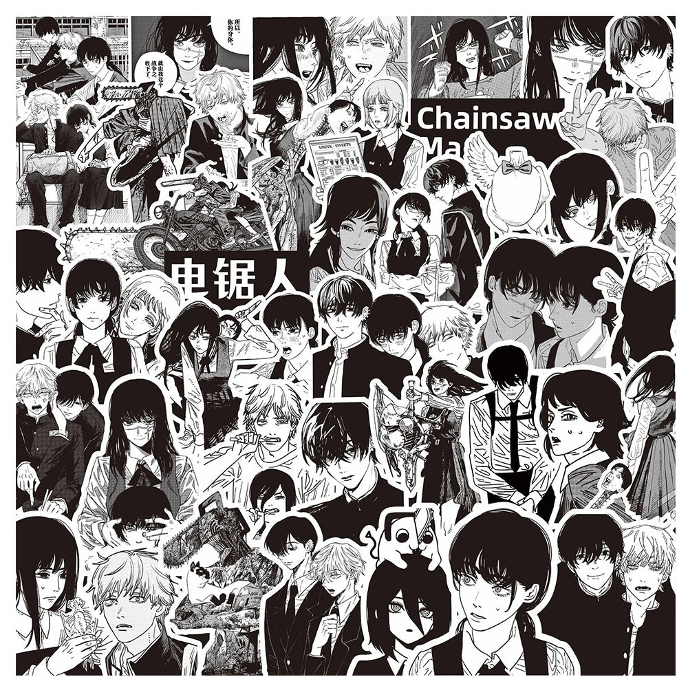 Black and White Chainsaw Man Anime Stickers - Set of 10/30/75 Waterproof Decals for Skateboards, Laptops, and Phones