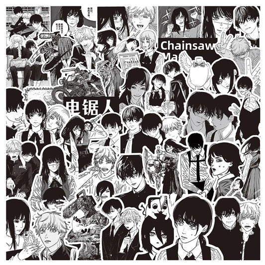Black and White Chainsaw Man Anime Stickers - Set of 10/30/75 Waterproof Decals for Skateboards, Laptops, and Phones