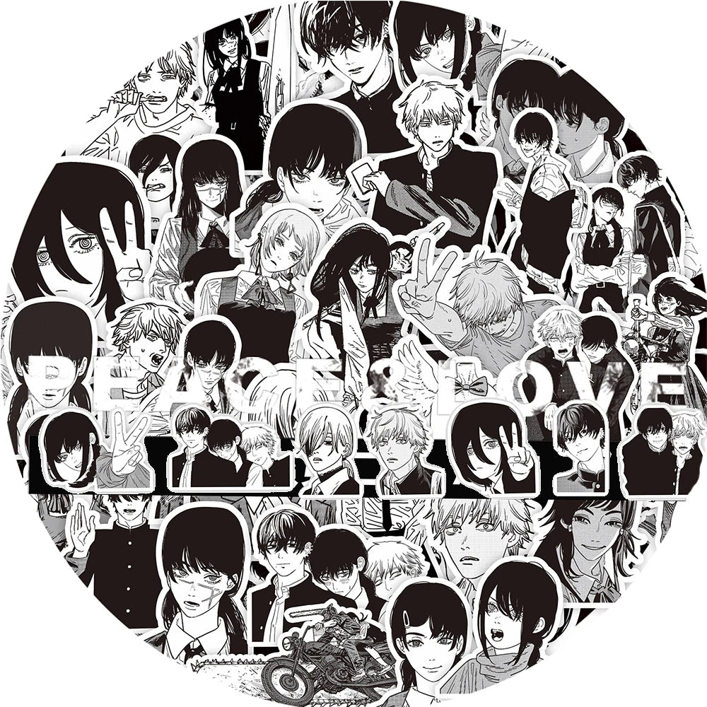 Black and White Chainsaw Man Anime Stickers - Set of 10/30/75 Waterproof Decals for Skateboards, Laptops, and Phones