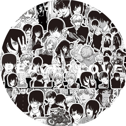 Black and White Chainsaw Man Anime Stickers - Set of 10/30/75 Waterproof Decals for Skateboards, Laptops, and Phones