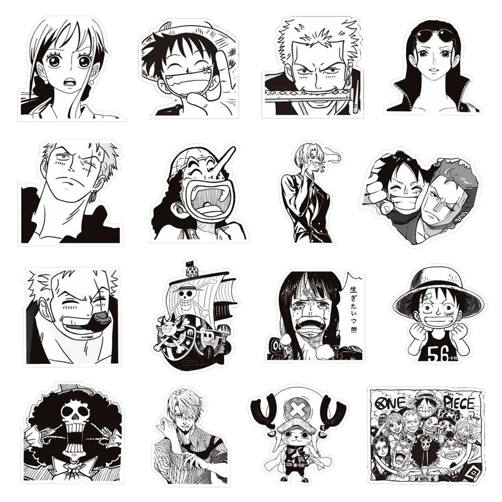 Anime ONE PIECE Sticker Set - 10/30/65 Pieces - Waterproof Black and White Stickers for Kids, DIY Projects, Graffiti, Motorcycles, Skateboards, and Laptops