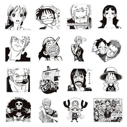 Anime ONE PIECE Sticker Set - 10/30/65 Pieces - Waterproof Black and White Stickers for Kids, DIY Projects, Graffiti, Motorcycles, Skateboards, and Laptops
