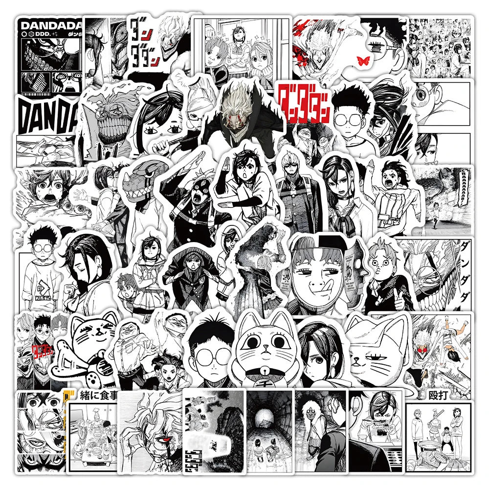 Black and White Manga Dandadan Anime Stickers - Waterproof Decals for Laptops, Travel Luggage, Skateboards, Cars, and Phones (10/30/50 Pieces)