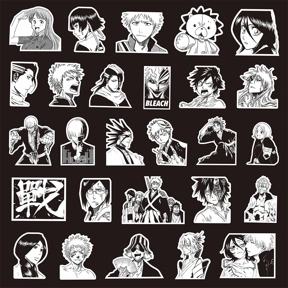 Black and White Anime BLEACH Sticker Set - 10/30/75 Pieces for Kids, Ideal for Skateboards, Phone Cases, Laptops, and DIY Projects