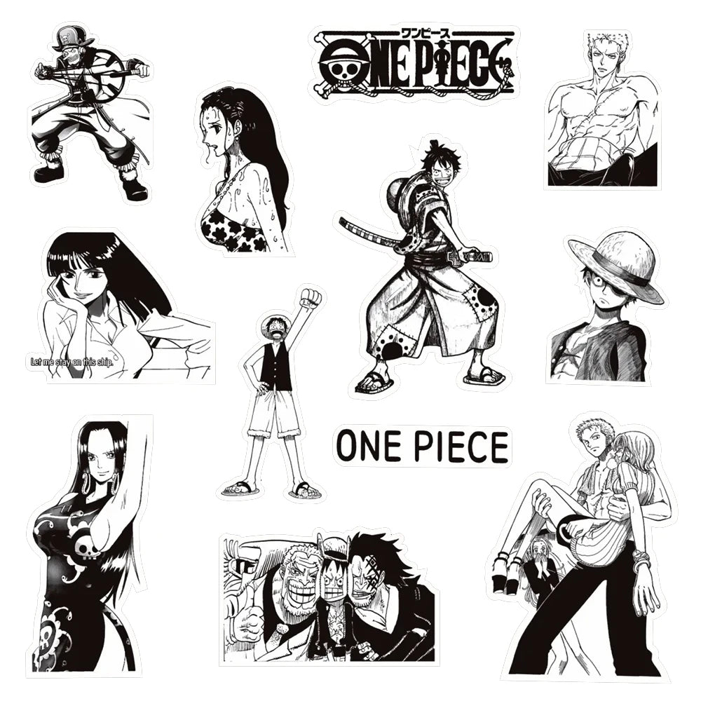 Anime ONE PIECE Sticker Set - 10/30/65 Pieces - Waterproof Black and White Stickers for Kids, DIY Projects, Graffiti, Motorcycles, Skateboards, and Laptops
