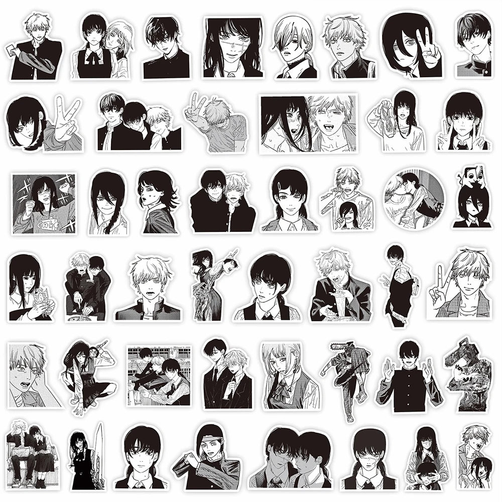 Black and White Chainsaw Man Anime Stickers - Set of 10/30/75 Waterproof Decals for Skateboards, Laptops, and Phones