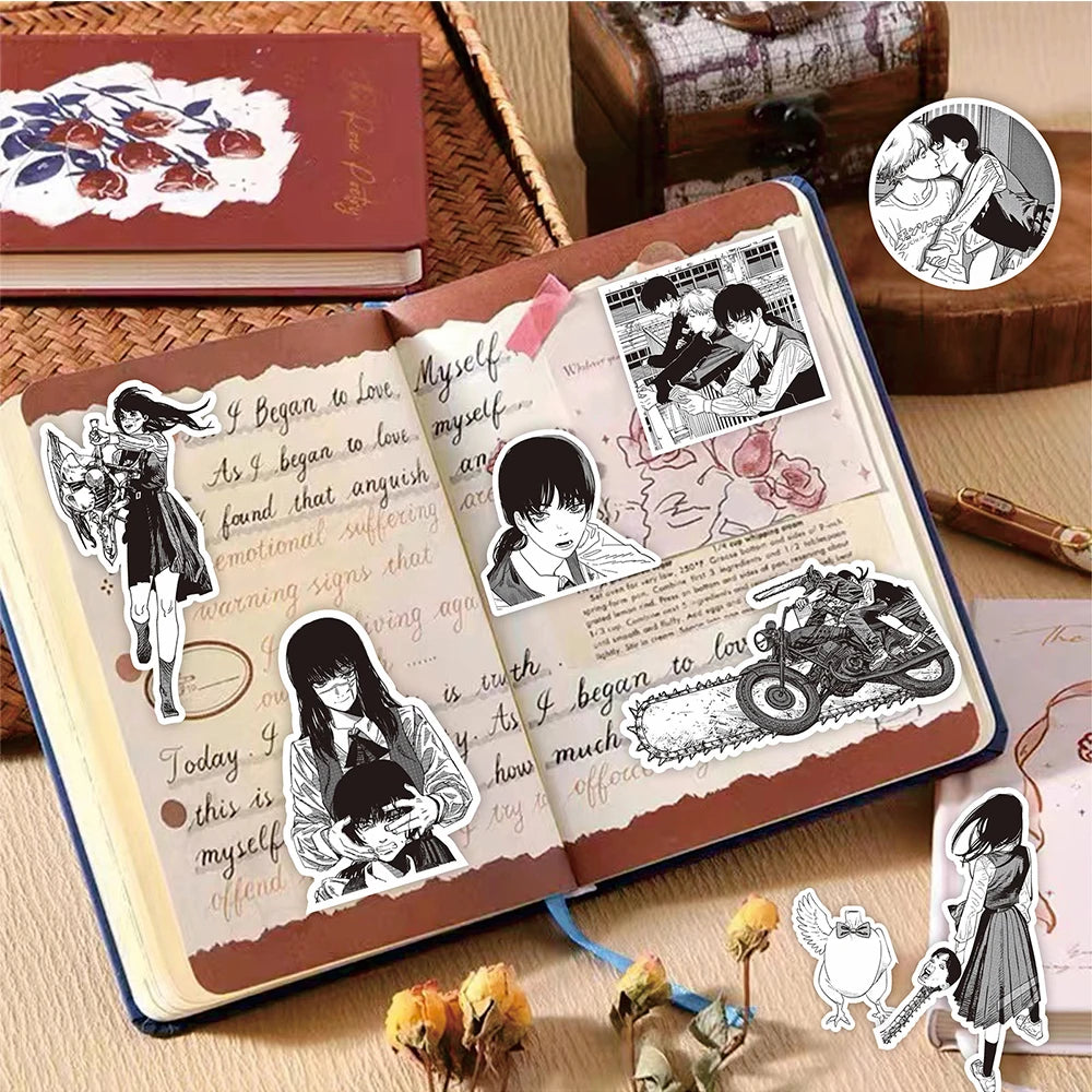 Black and White Chainsaw Man Anime Stickers - Set of 10/30/75 Waterproof Decals for Skateboards, Laptops, and Phones